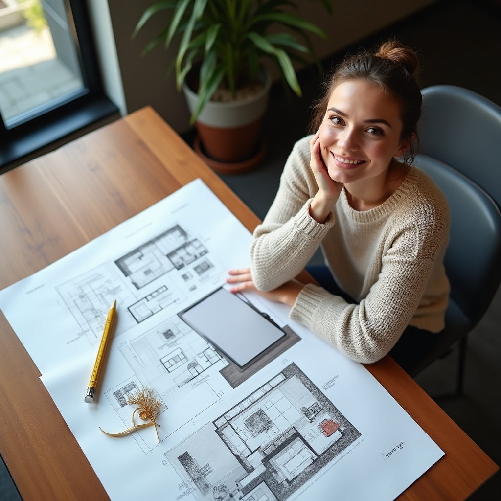 Persoană care analizează un plan de renovare a unei locuințe pe o masă de lucru